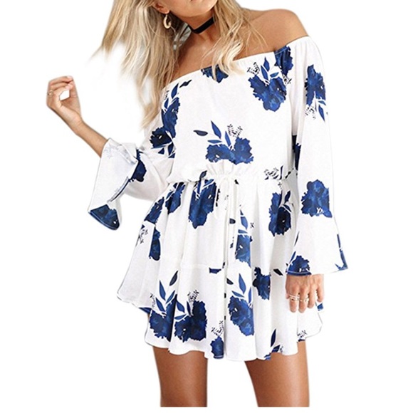 women off shoulder floral print mini dress - Picture 2 of 7